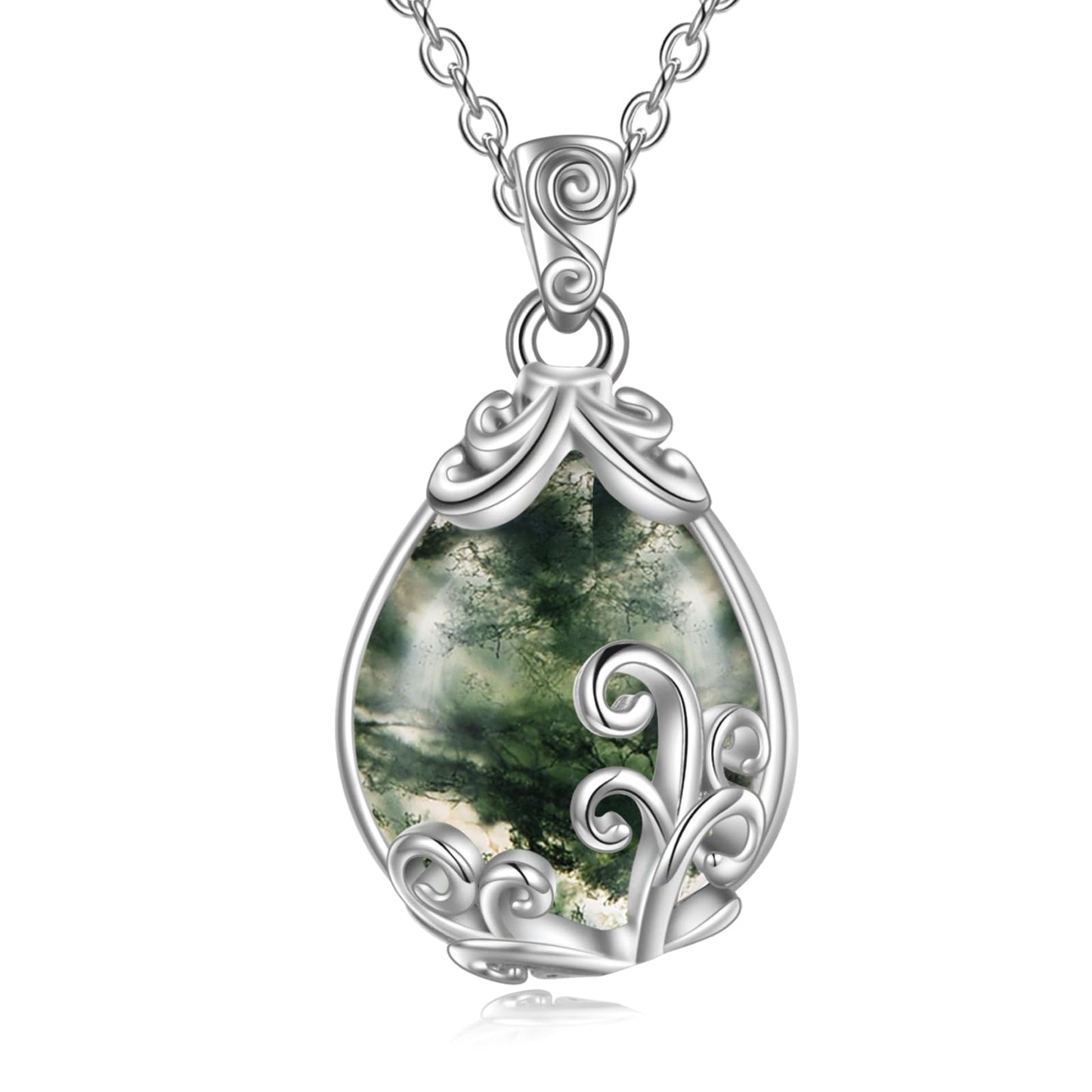 POPLYKE Sterling Silver Moss Agate Filigree Teardrop Pendant Necklace Gemstone Crystal Jewelry for Women