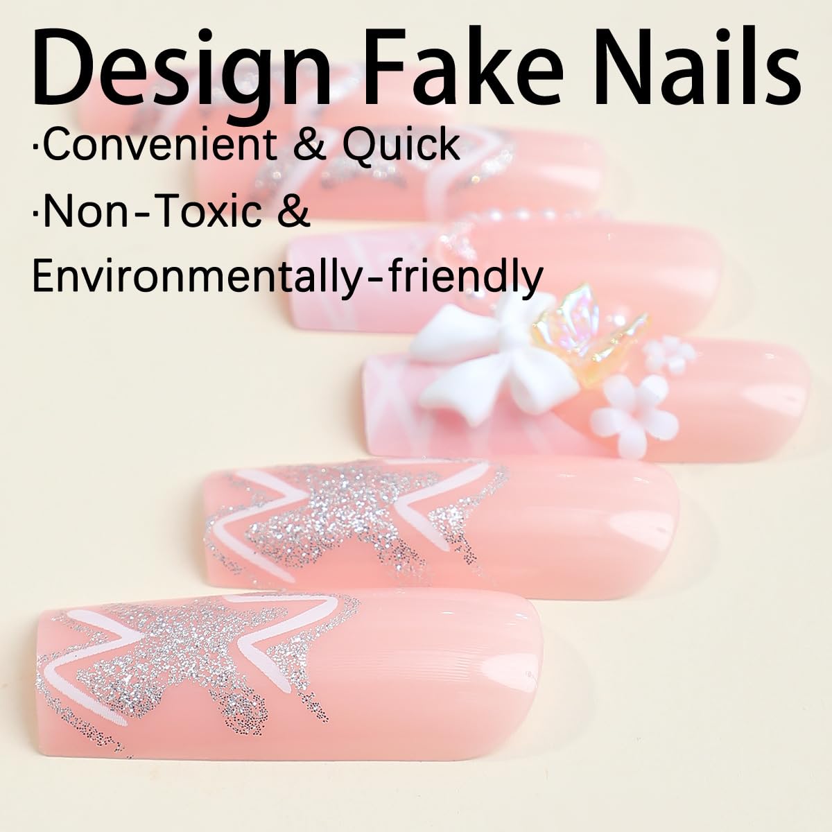 SUMINGGO 24Pcs Press on Nails Medium Almond - Fake Nails With Designs Full Cover With Glue Press ons Reusable Artificial Stick on Nails for Women (Pink Bowknot)