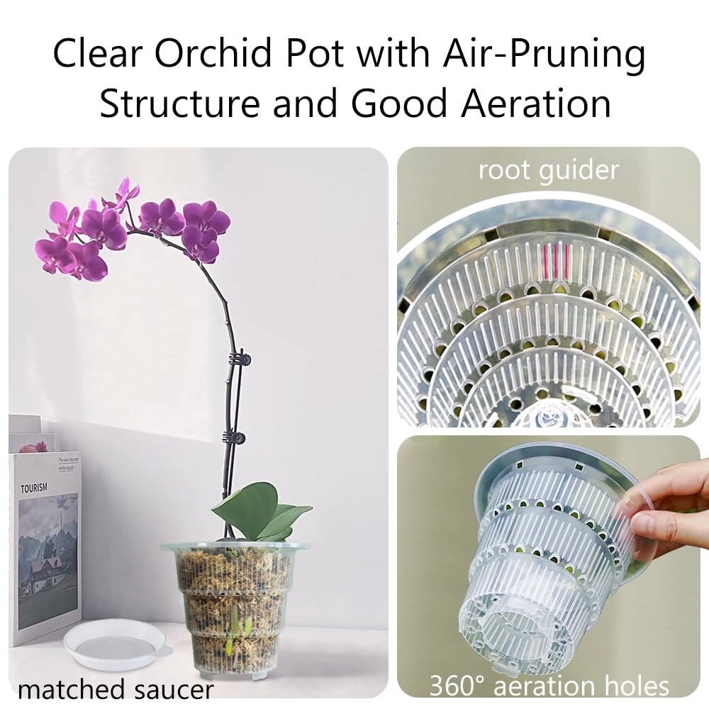 Meshpot 4 inch Clear Orchid Pots with Holes and Saucers for Repotting,Pack of 4,Small Plastic Orchid Planters Provide Good Air Circulation,Nursery Pots for Succulents,Herbs,Aloes,Mint
