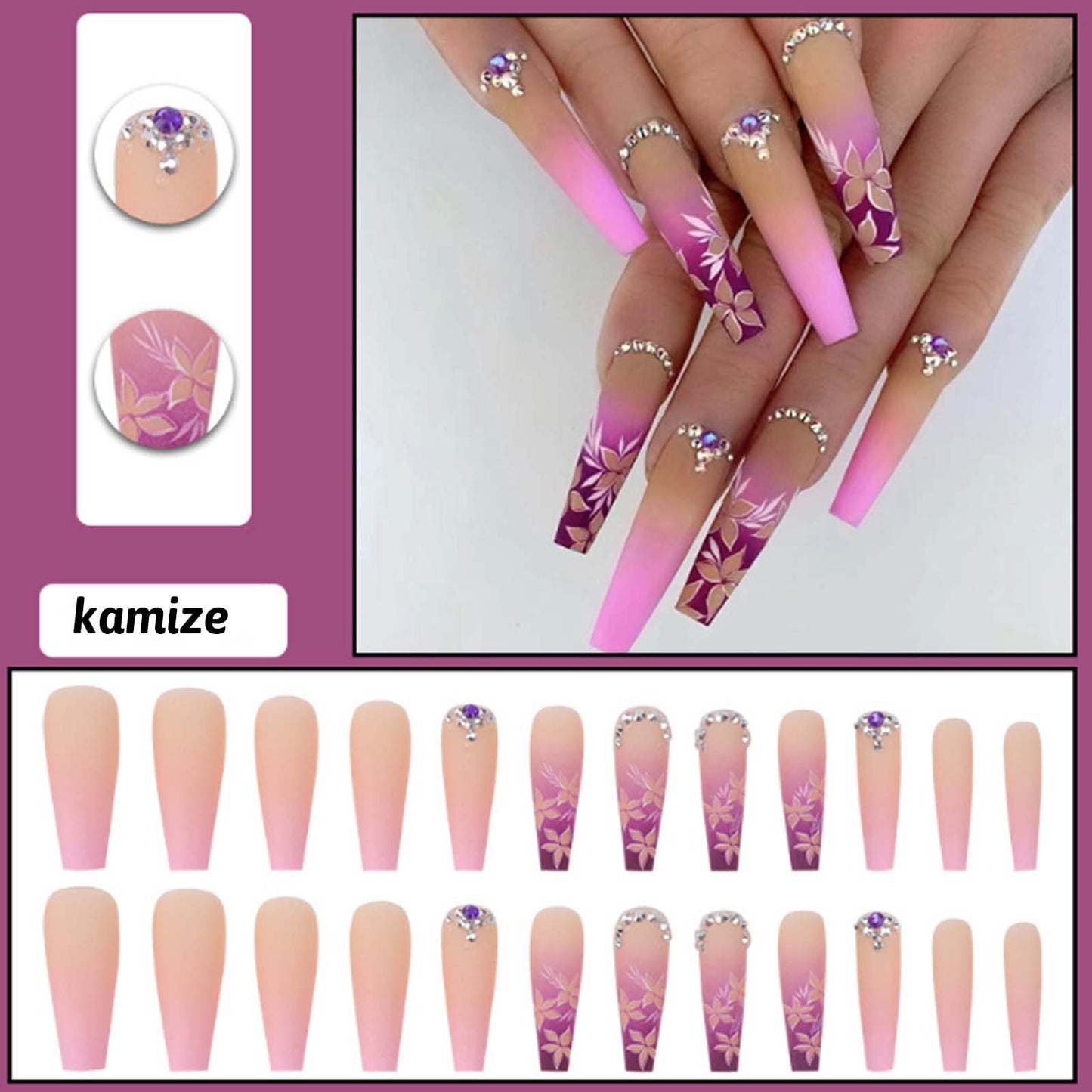 DANMANR Coffin Press on Nails Pink Full Cover Flower Acrylic Gradient Fake Nails Long False Nails for Women and Girls 24PCS