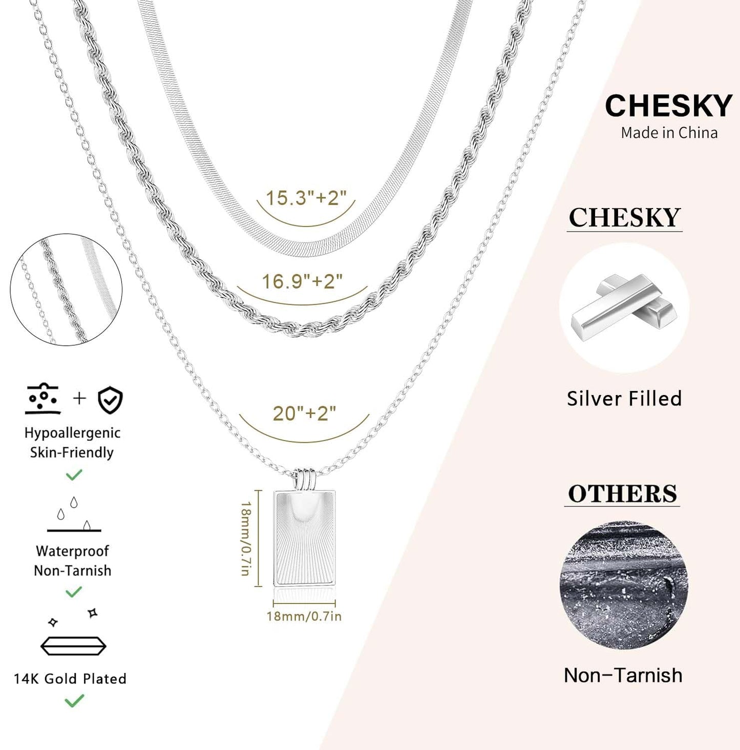 CHESKY Layered Silver Necklaces for Women Trendy, Dainty Silver Plated Stackable Charm Necklaces for Womens Square Pendant Necklaces Silver Jewelry Set for Women Gifts