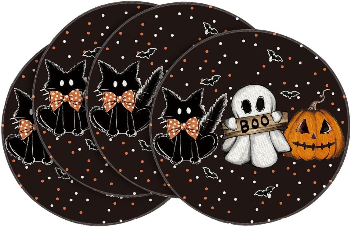 Artoid Mode Cat Ghost Pumpkins Halloween Round Placemats Set of 4, 14 Inch Table Mats for Party Kitchen Dining