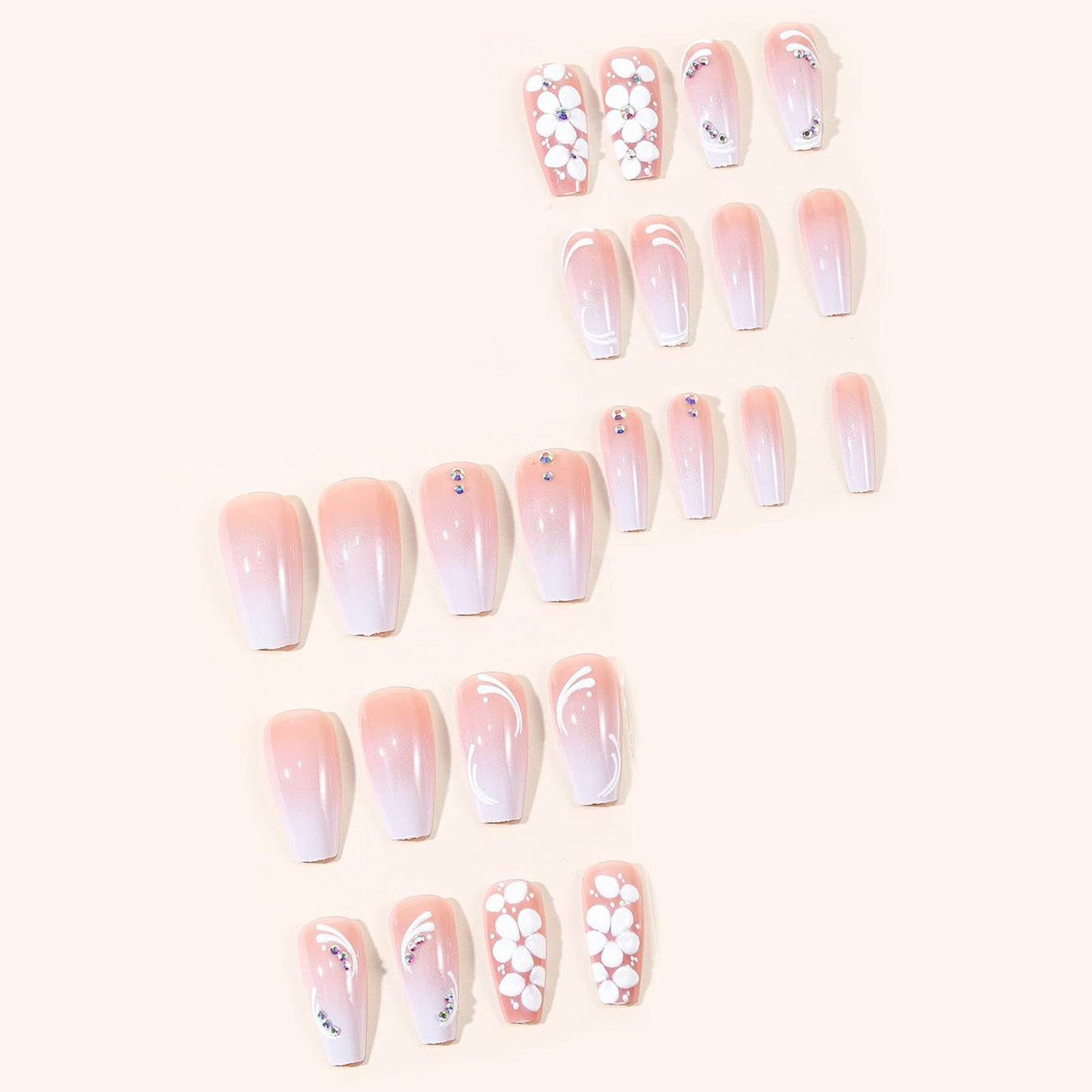 MISUD Press on Nails - Long Coffin Fake Nails with Pink White Ombre, Acrylic Flower Rhinestone Design 24 pcs