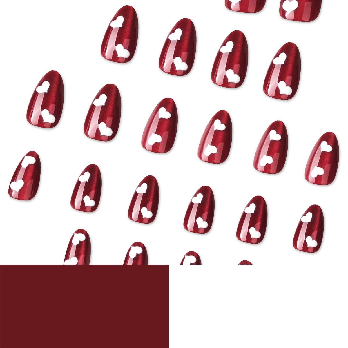 Valentine’s Day Press on Nails Medium Almond Fake Nails Burgundy Nails Press ons with Heart Design for Women