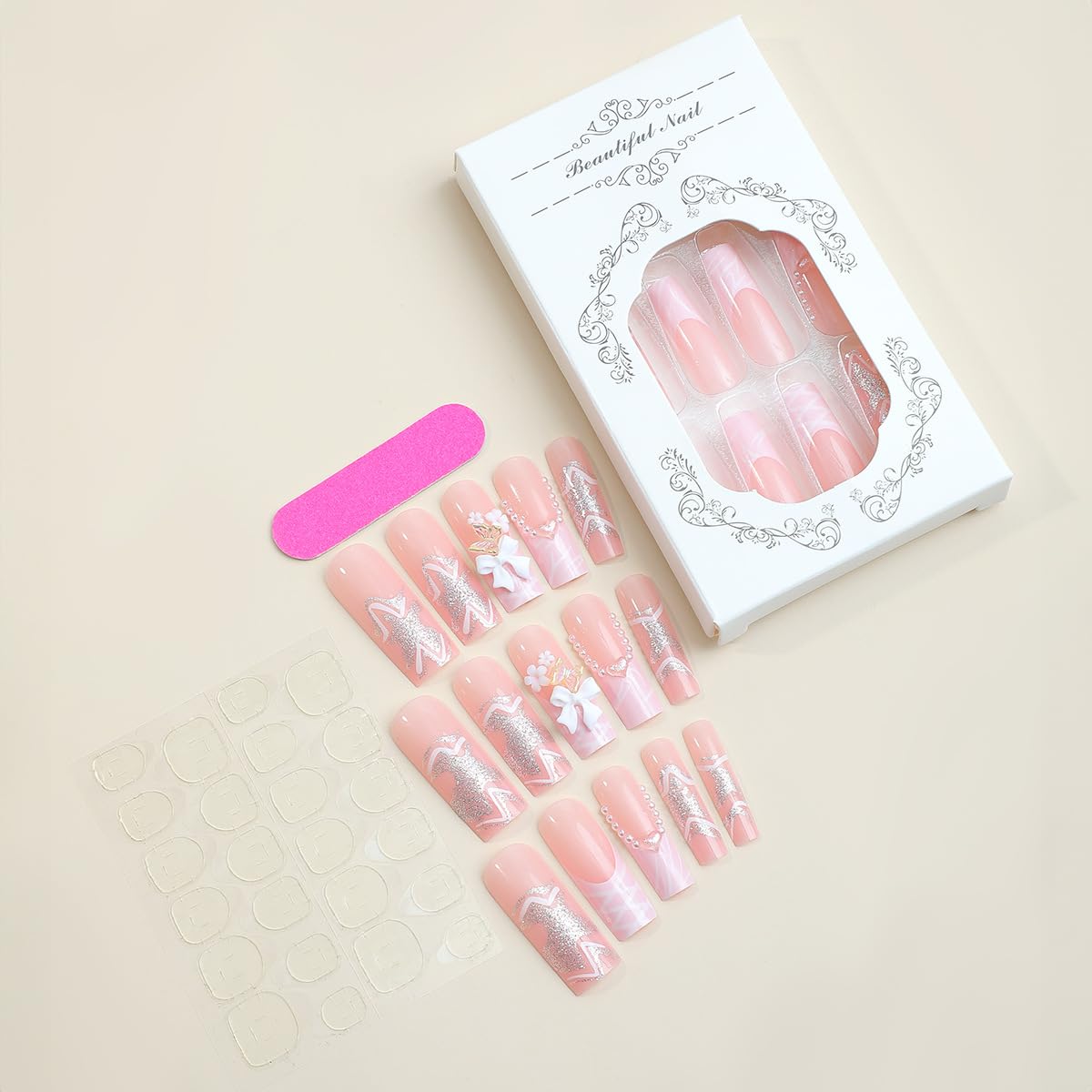 SUMINGGO 24Pcs Press on Nails Medium Almond - Fake Nails With Designs Full Cover With Glue Press ons Reusable Artificial Stick on Nails for Women (Pink Bowknot)