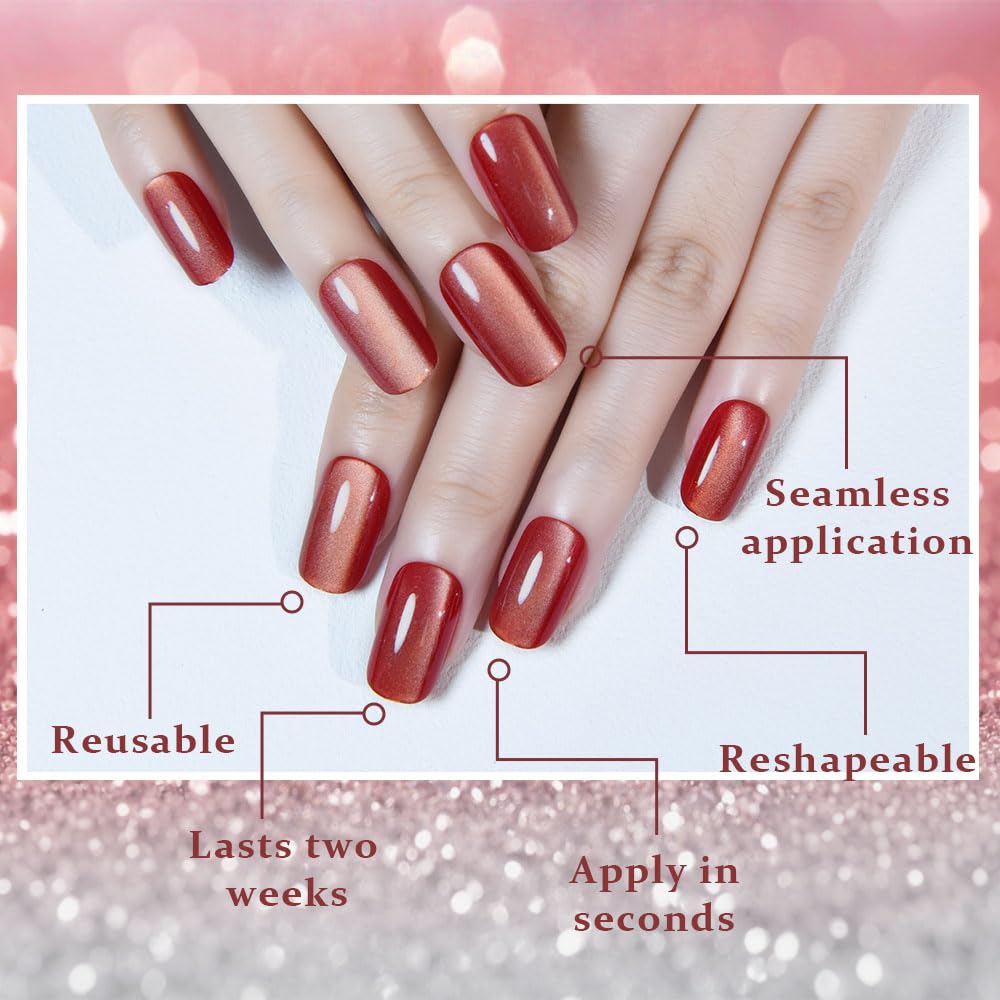 Red Cat Eye Press on Nails Medium Square, Medium Square Press Stick on Nails Chrome for Women Gift, Red Holographic Glitter Glossy Reusable Soft Gel Acrylic Fake Nail with Designs Cateye Effect
