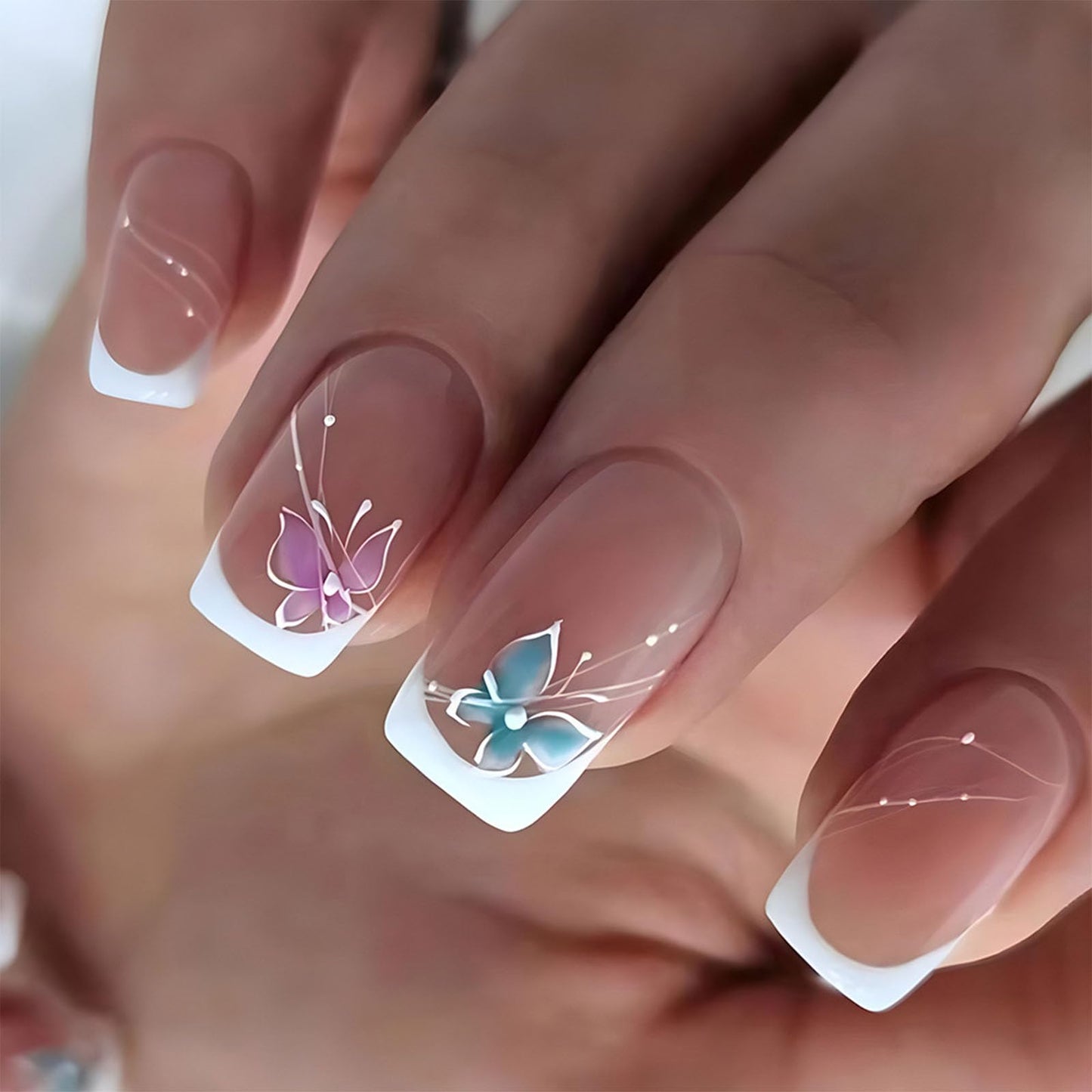 White French Tip Press on Nails Short Medium Square Fake Nails Press ons Glossy Pink Blue Butterfly False Nail Tips Nude Artificial Nails Finger Manicure Decorations for Women Girls 24 Pcs