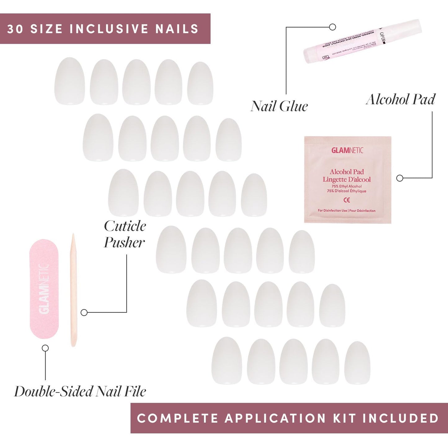 Glamnetic Press On Nails & Brush On Nail Glue Bundle - White Swan | Opaque Classic Off White Short Oval False Nails, Reusable | 15 Sizes - 30 Nail Kit with Glue