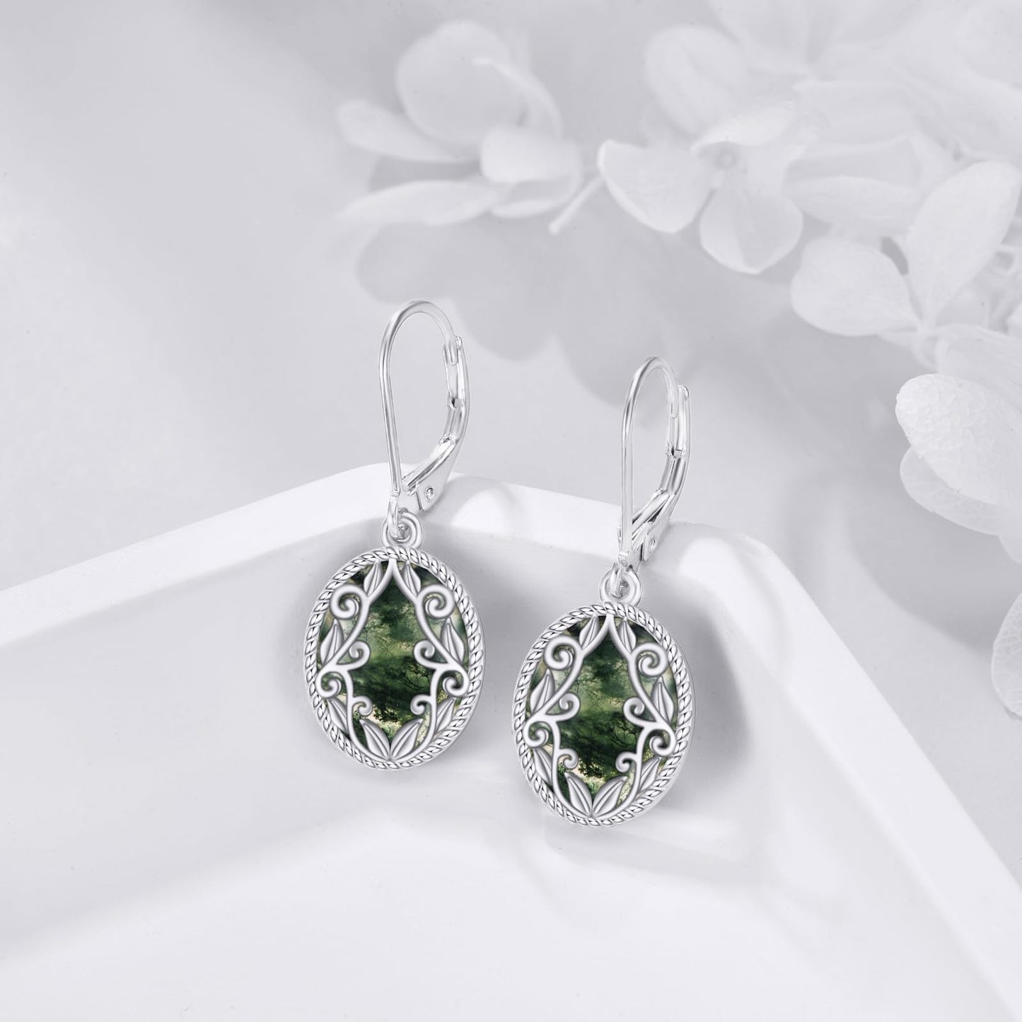 Moss Agate Drop Earrings Sterling Silver Agate Oval Leverback Earrings Natural Stone Dangle Earrings Jewelry Christmas Gifts For Women