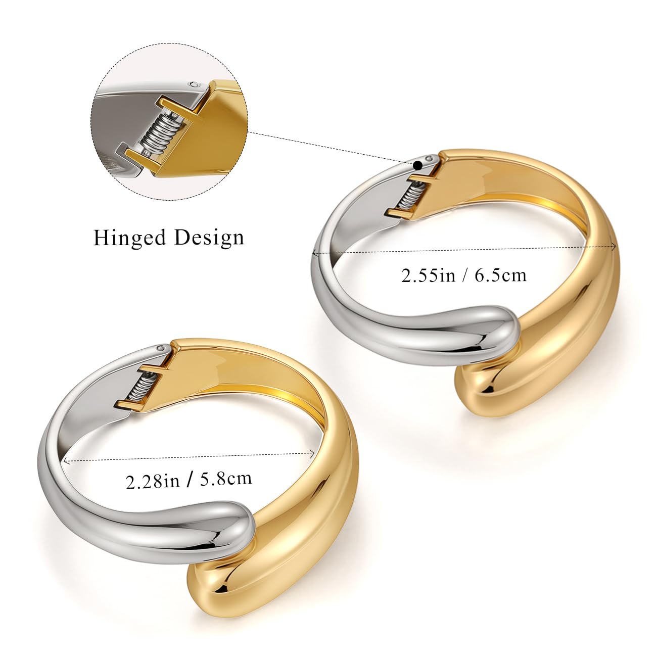 Emibele Cuff Bracelet Stack, 18K Gold-plated Open Bangle Bracelet with Teardrop Design, Hinged Gold Cuff Bracelets for Women, 2 Pack