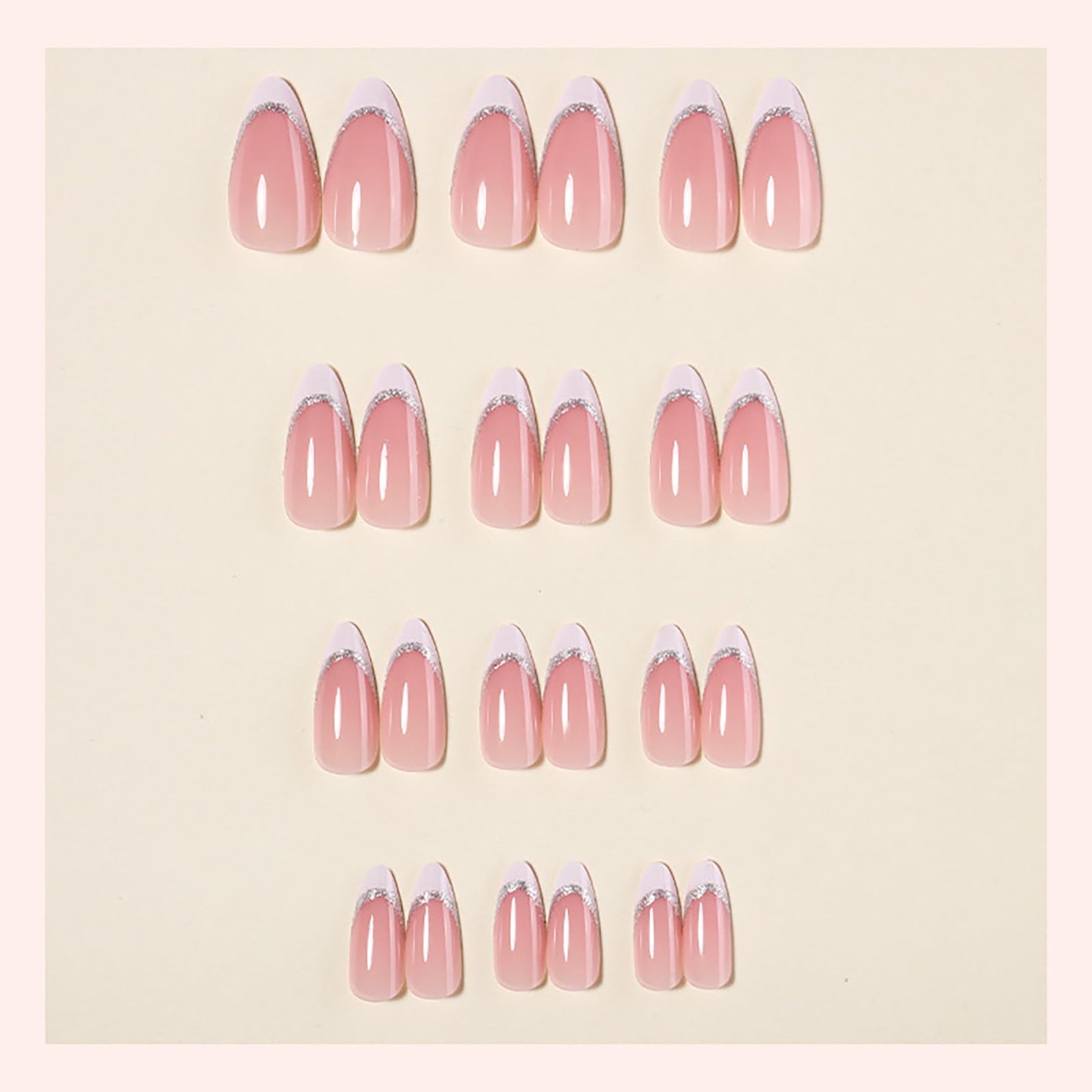 Short Almond Press on Nails With White French Tip Fake Nails Nude Pink Press ons with Silver Line Design Acrylic False Nails Glossy Artificial Stick on Nails for Women Girls 24 Pcs