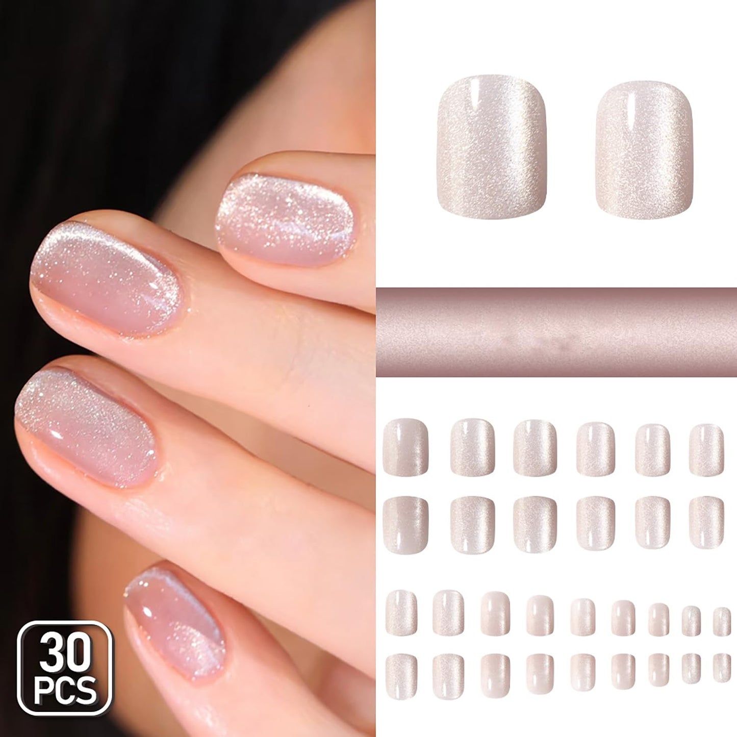 30Pcs Pink Glitter Press On Nails Short Square Pink Fake Nails With Glitter Design False Nails Press Ons Reusable Stick On Nails Full Cover Glossy Artificial Glue On Nail For Women Manicure Decor