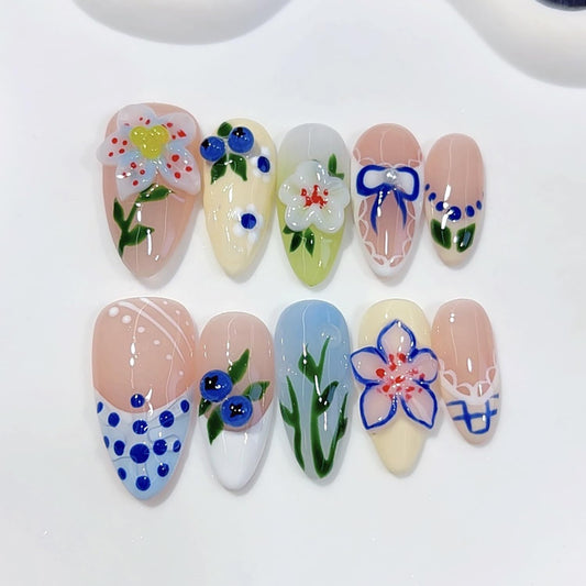 Spring Almond Handmade Nails with Flower Polka Dot Design French Press on Nails Reusable Artificial Acrylic Fake Nail for Women Girls Full Cover Stick on Nail Stick on Nail 10 Pcs （S）