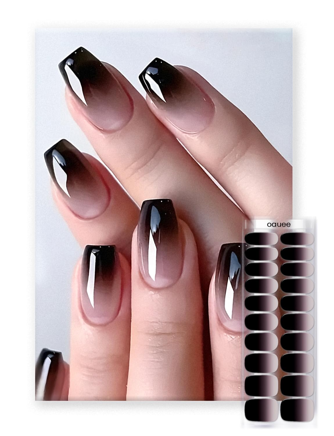Oauee Semi Cured Gel Nail Strips | Built-In Gel Top Coat | UV Light Required | Salon Quality, Easy Application And Removal (Black & nude pink gradient)