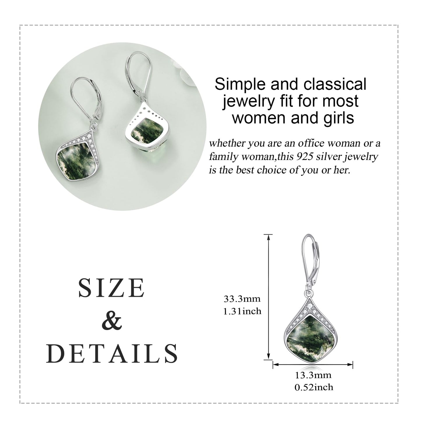 Moss Agate Earrings for Women Sterling Silver Cubic Zirconia Teardrop Drop cubic Zirconia Dangle Earrings Jewelry Gifts for Women