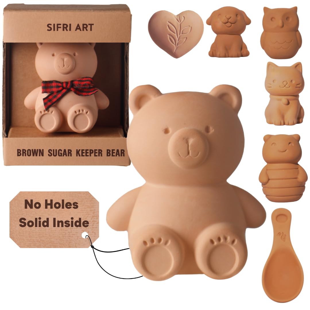 Sifri Art Brown Sugar Bear Keeper – 3D Terracotta Clay Sugar Saver Softener, Reusable Moisture Stone for Brown Sugar, Cookies, Marshmallows, Herbs, Baking & Kitchen Storage