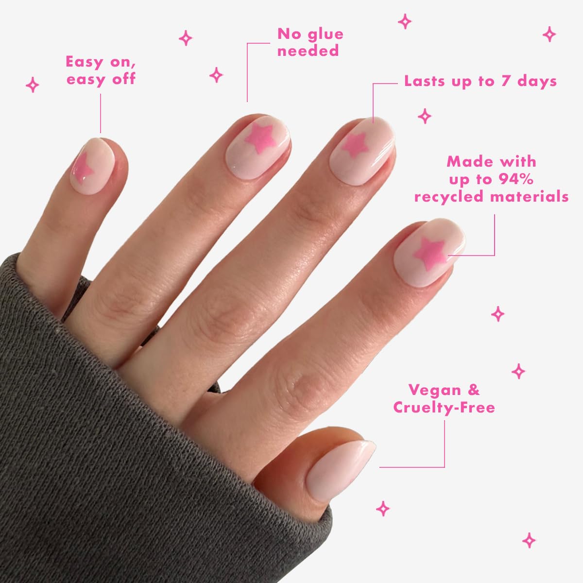 Olive & June Classic Super Stick Mani Press On Nails | No Glue Needed | 32 Tab Nails 16 Sizes | Non-Toxic Tabs Non-Damaging 7-Day Wear | Spring Flowers & Patterns | Extra Short, Round |Pink Star Party