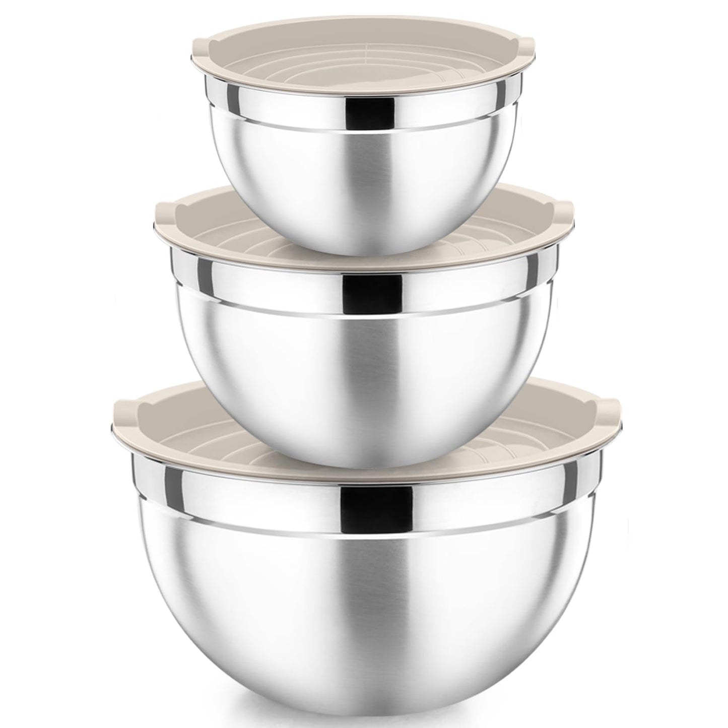 P&P CHEF Khaki Mixing Bowls with Lids, Set of 3, Stainless Steel Salad Nesting Bowl for Mixing, Storing, Prepping, Airtight & Stackable, Size 4.6/3 /1.5 QT