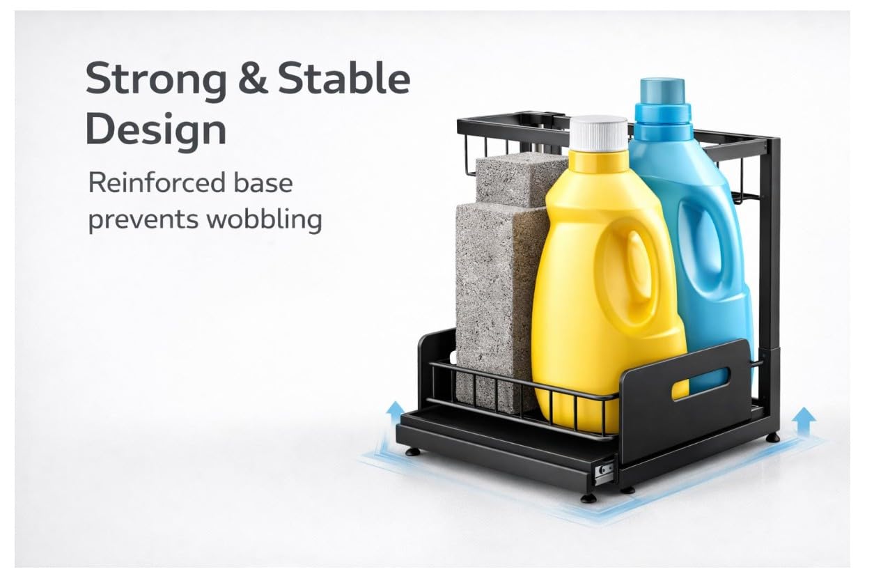 Under Sink Organizer 2 Tier Sliding Storage Rack – Carbon Steel Pull Out Cabinet Shelf for Kitchen & Bathroom, Heavy Duty Metal Under Cabinet Organizer.