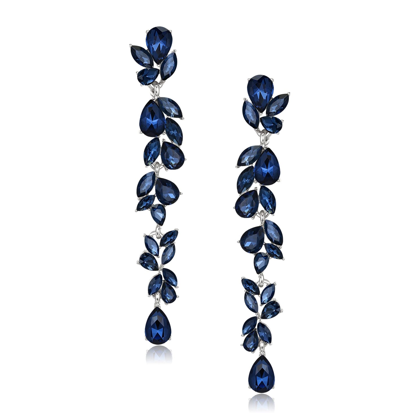 EVER FAITH Rhinestone Crystal Chandelier Earring for Women, Art Deco Marquise Teardrop Bridal Long Dangle Drop Earrings for Prom Sapphire Blue