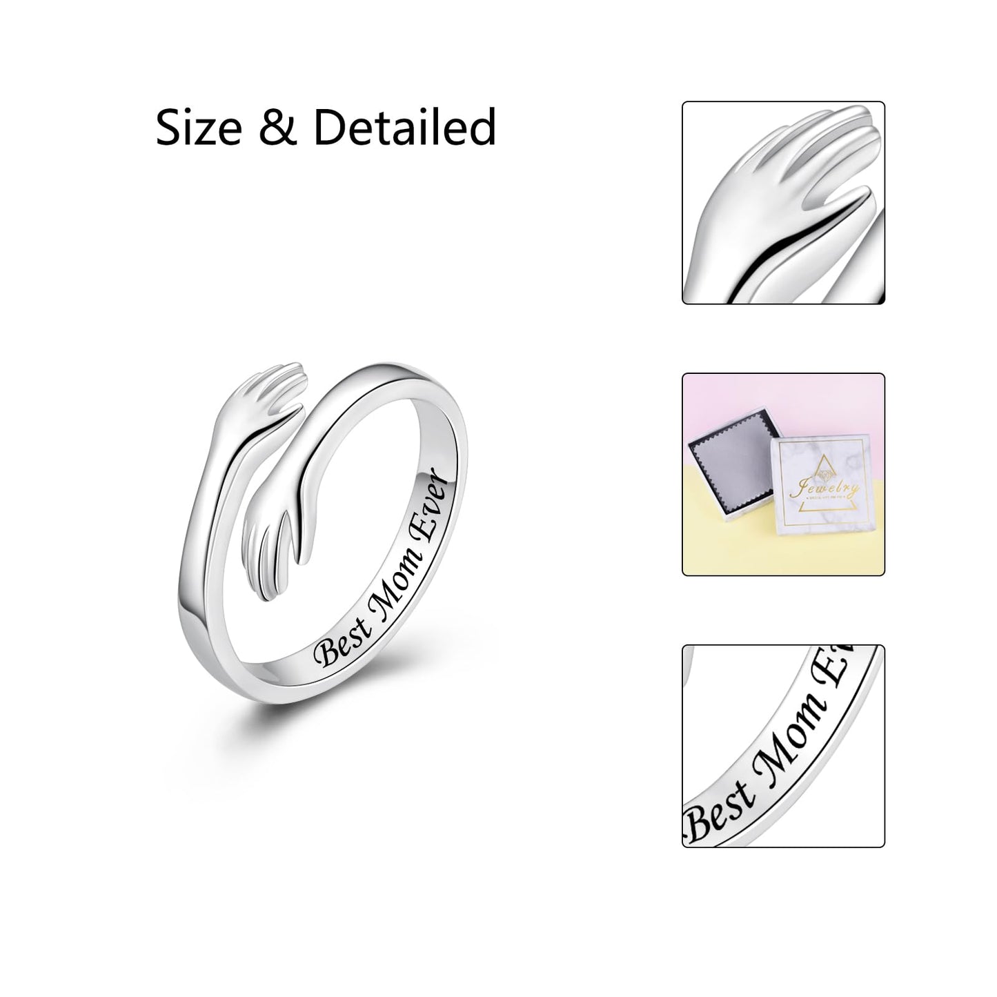 ACJFA Hug Rings for Women Sterling Silver Adjustable Ring Thumb Ring Birthday Mother Gifts Jewelry(Best Mom Ever)