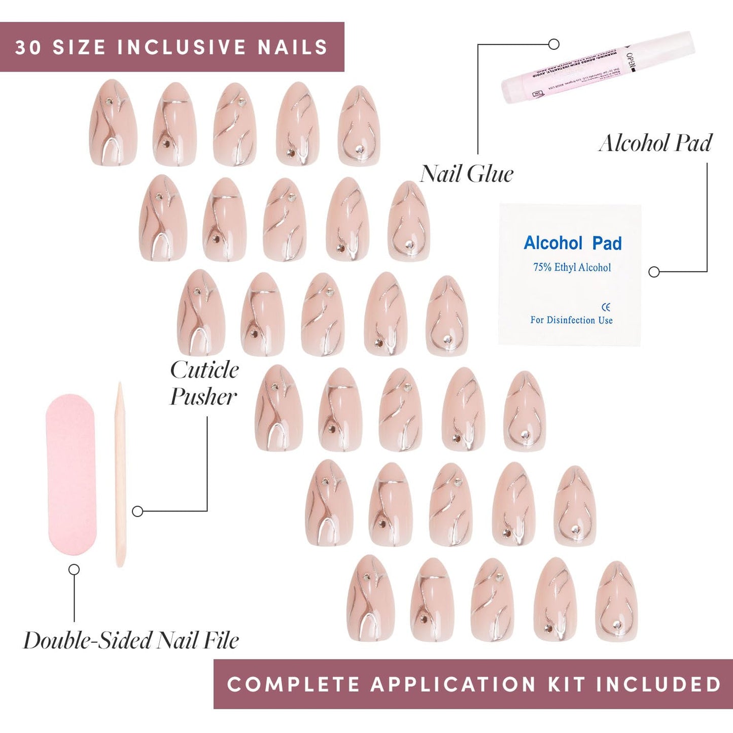 Glamnetic Press-On Nails - Astro | Super Strong Brush On Nail Glue & Nail Adhesive Tabs | Short Almond Fake Nails with 3D Metallic Silver Swirls | 15 Sizes - 30 Nail Kit with Glue & Nail Tabs