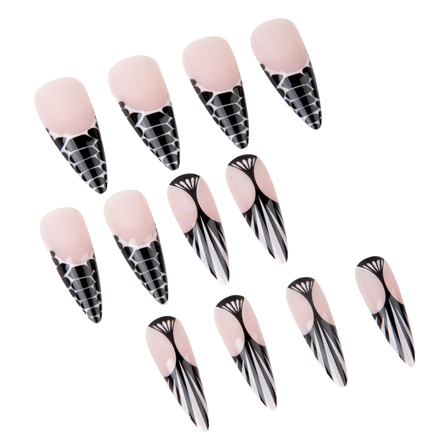 IMRAIN Press on Nails - Long Stiletto Fake Nails, Black French Tips False Nails with Flower Designs, Full Cover Acrylic Gel Glue on Nails