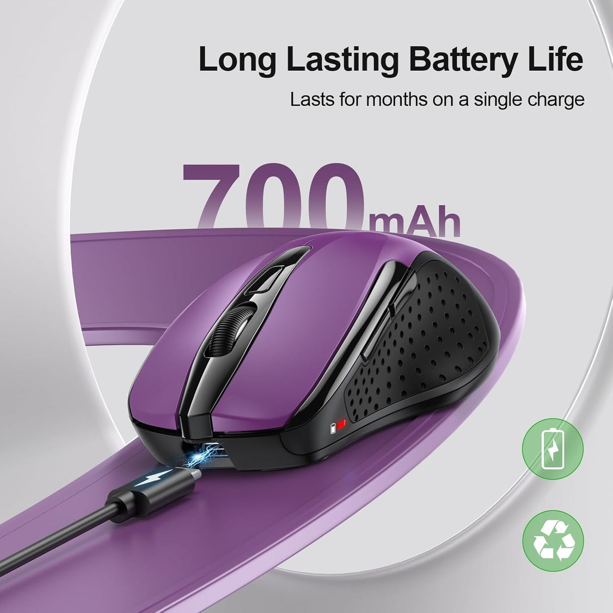 TECKNET Rechargeable Wireless Mouse,USB-A Silent Mouse, Quiet Click, 6 Adjustable 4800 DPI, Cordless Computer Mouse, Ergonomic Mouse for Laptop, 6 Buttons 2.4G Mouse for Chromebook, Ergo Grip - Purple
