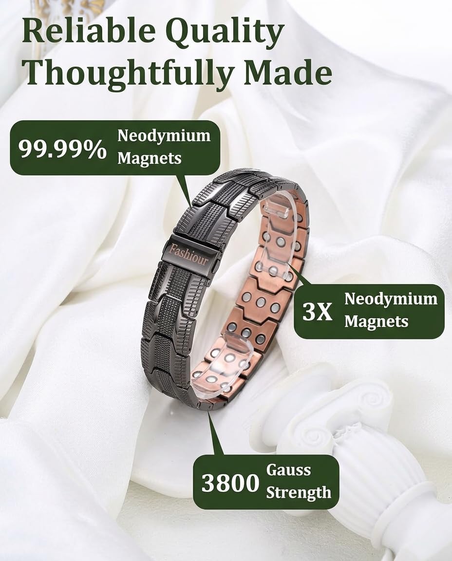 Fashtour Men’s Copper Bracelet, 3X Strength 99.99% Pure Copper Magnetic Bracelet with Magnets, Butterfly Clasp Design, Adjustable Length with Sizing Tool(Black)