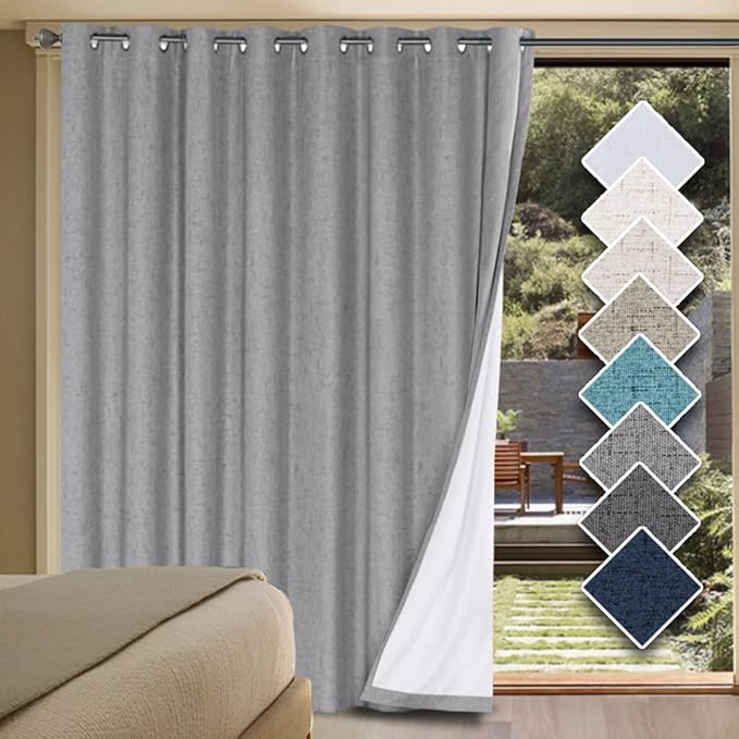 H.VERSAILTEX Linen Blackout Curtains Durable Thick Textured Linen Look 100% Blackout Patio Door Curtain Anti Rust Grommet Extra Wide Sliding Door Curtain Panel, W100 x L84 inch - Dove Gray