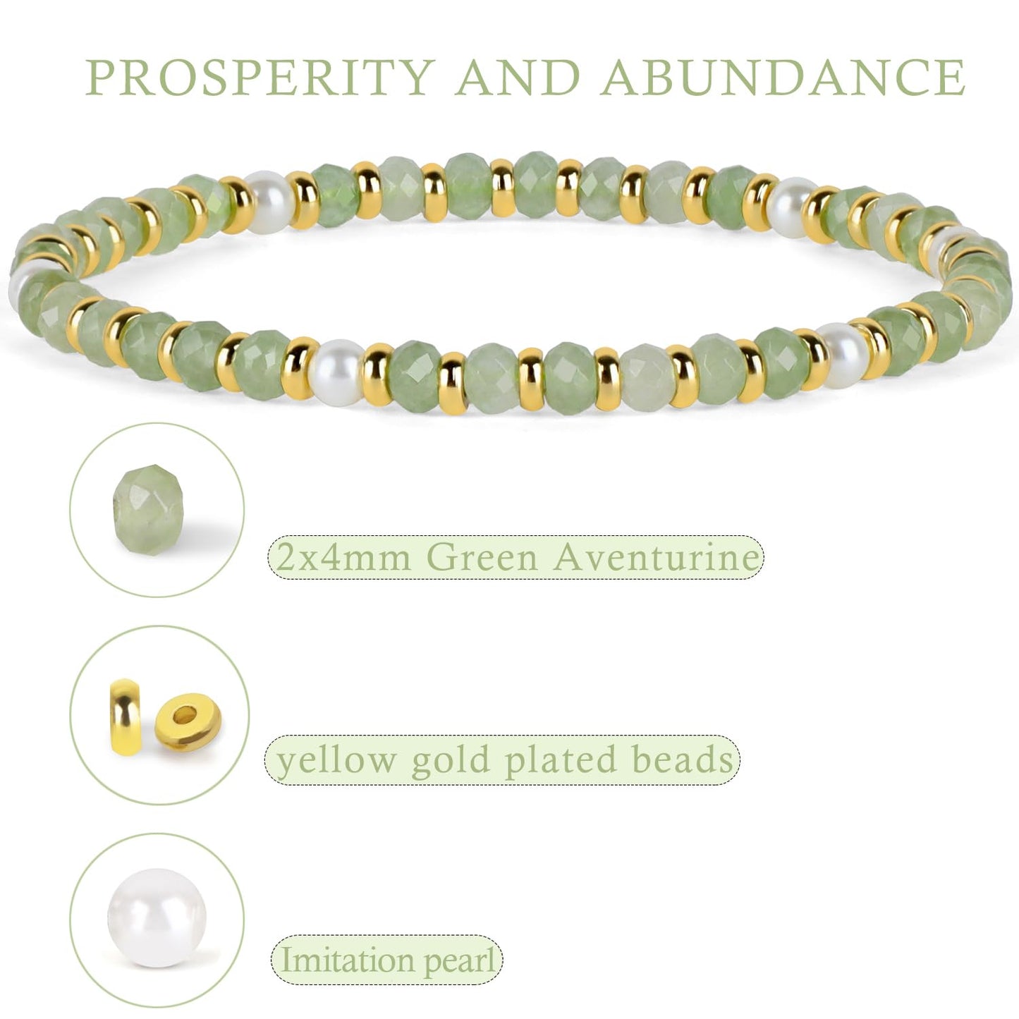 QOGIR Green Aventurine - Prosperity - 14K Gold Plated Beads Natural Gemstone Stretch Elastic Dainty Healing Beaded Bracelets Gifts 2x4mm
