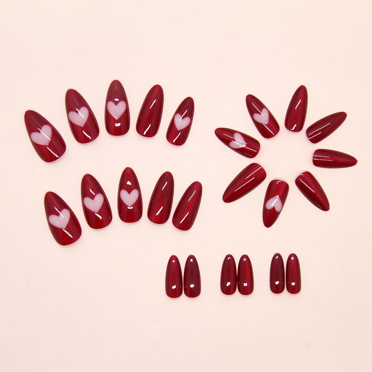 Red Press on Nails Medium Almond Reusable Fake Nails with Glue Pink Heart Stick on Nails Full Cover Glossy False Nails for Women DIY Manicure Decoration, 24PCS