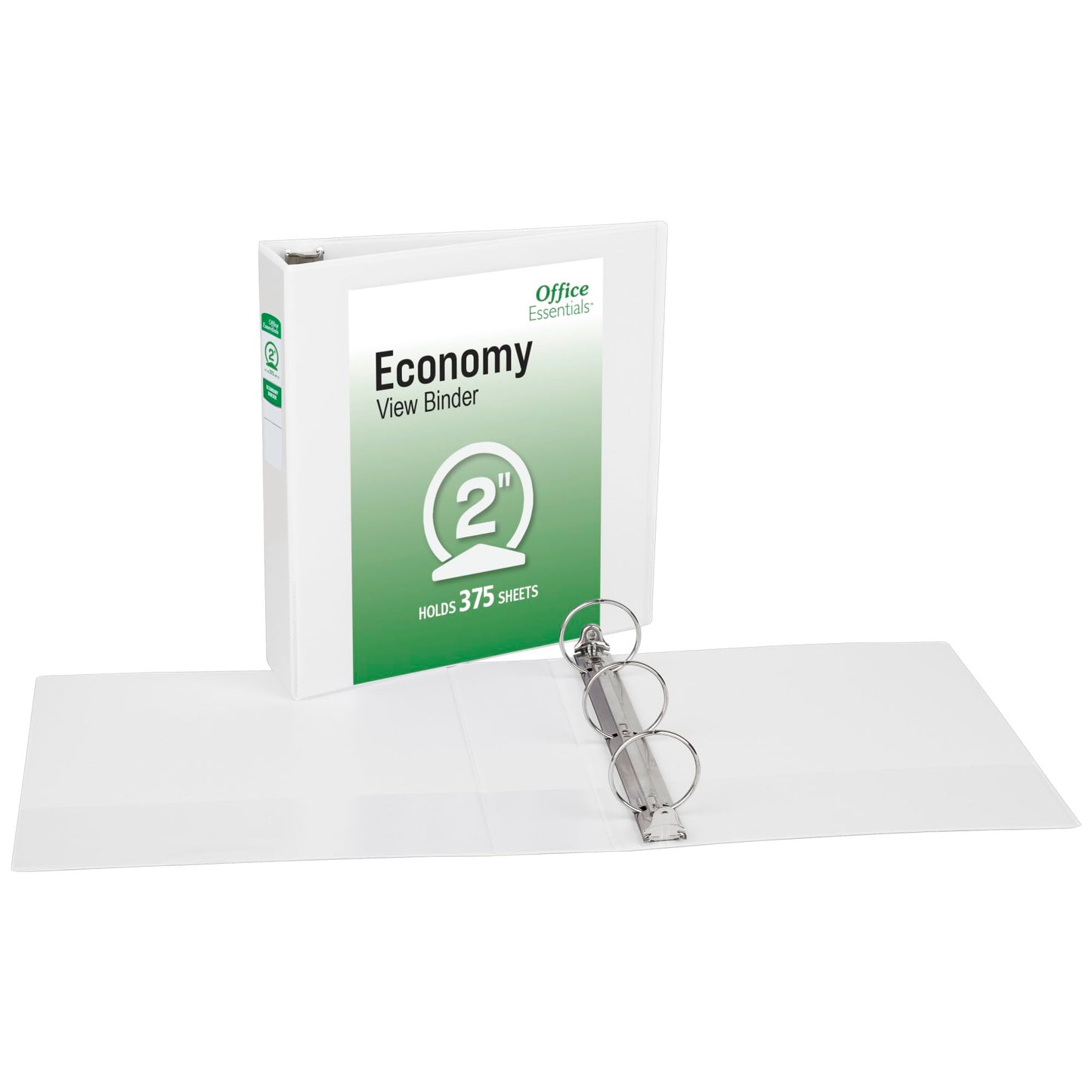 Office Essentials Economy View 3 Ring Binders, 2" Round Rings, 2.8" Spine, 375-Sheet Capacity, White Binders (12-Pack of 03428)