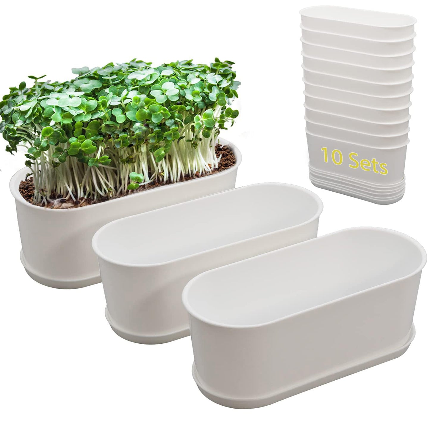 SORANGEUN 10-Pack White Herb Planter Box with Drip Trays, 8.5 Inch Small Oval Window Planters for Kitchen Sill, Indoor Outdoor, Perfect for Basil, Mint, Succulents, Flowers
