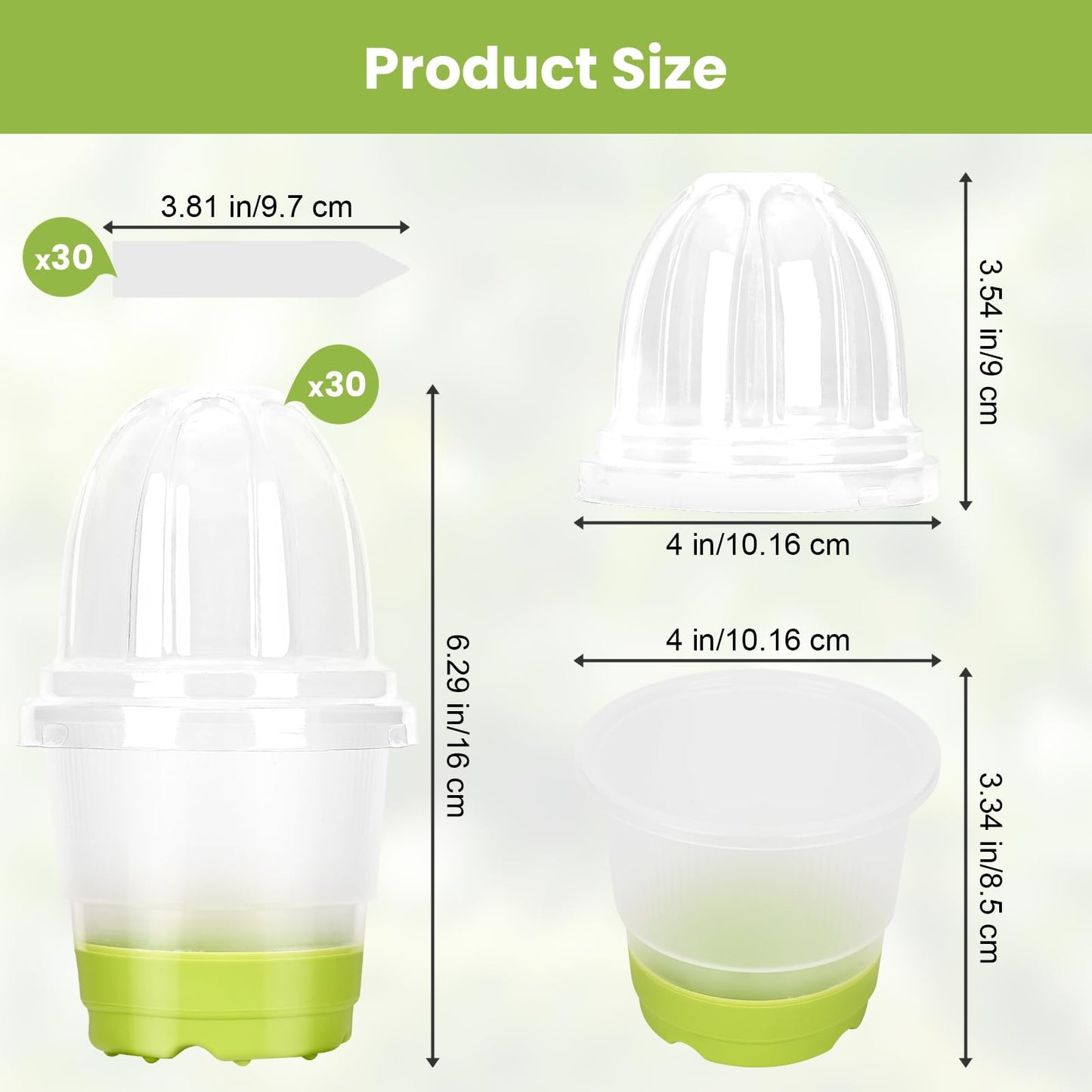 Sckee Clear Nursery Pots for Plants, 30 Packs Plastic Seed Starting Pots with Drainage Holes Plant Nursery Pots Silicone Base (Light Green, 4 inch with lids)