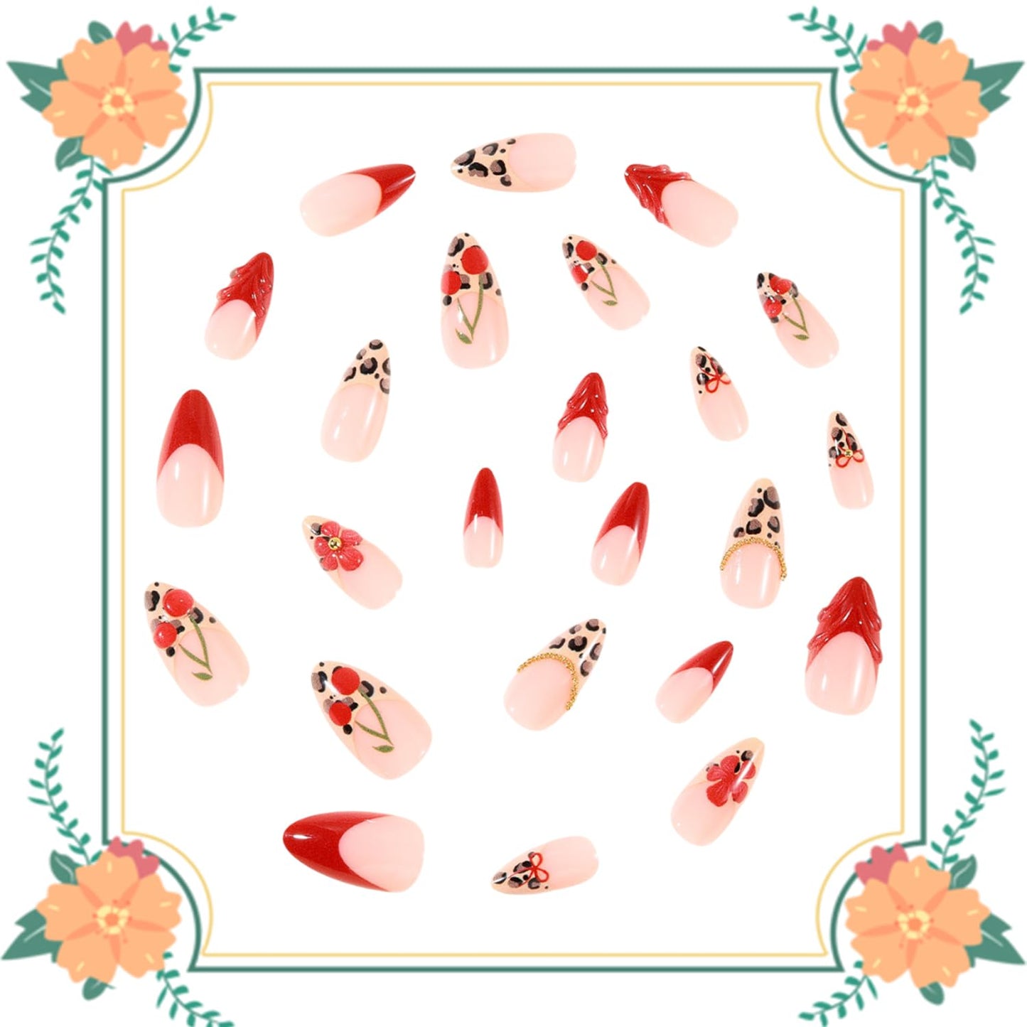 French Leopard Print Red Floral Press on Nails Medium Almond Artificial Acrylic False Nails Stick on Nail 3D Cherry Full Cover Red Flower Reusable Coffin Artificial Fingernails for Women Manicure