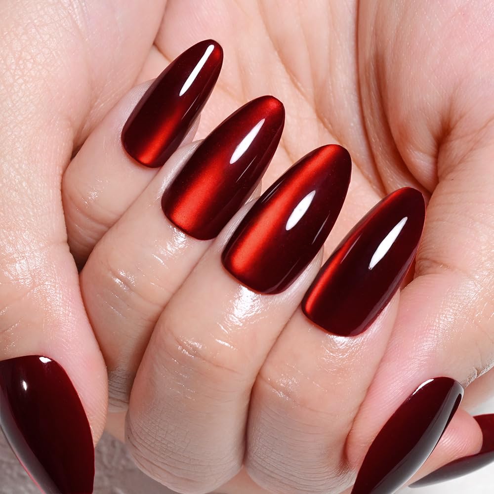 evpct Ruby Red Cat Eye Chrome Press on Nails Almond Medium with Design, Red Holographic Medium Almond Stick on Fake Nails for Women, Glossy Cat Eye Effect, Perfectly Fit Salon-quality Soft False Nail