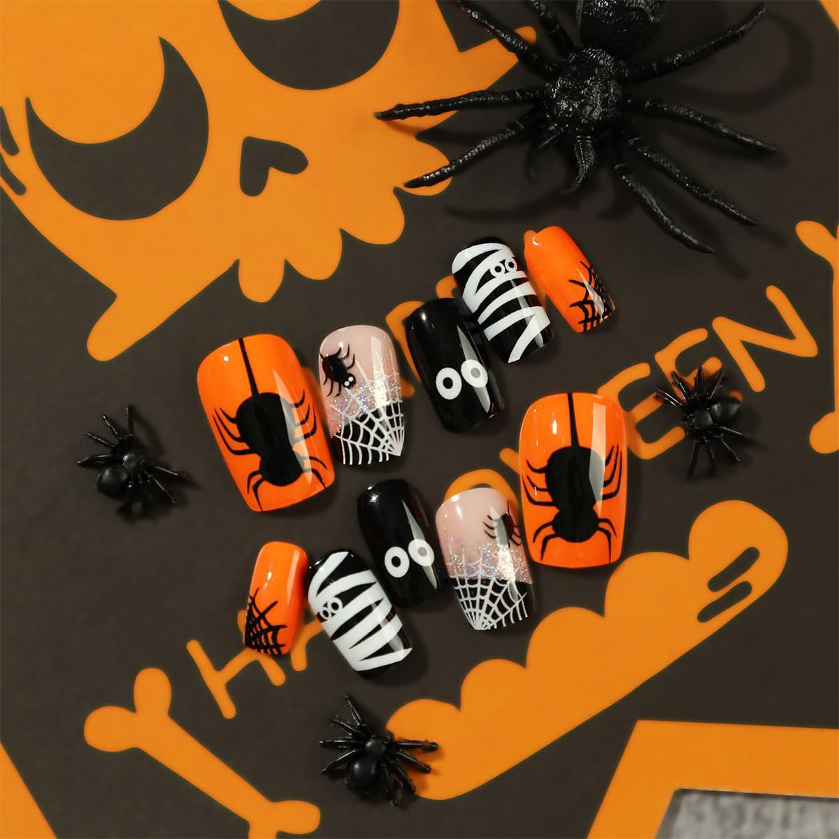 Halloween Spider Press on Nails Short Square Fake Nails with Mummy Spider Web Designs Black Orange Halloween Glue on Nails Cute Holiday Acrylic False Nail for Women Manicure Decoration 24Pcs
