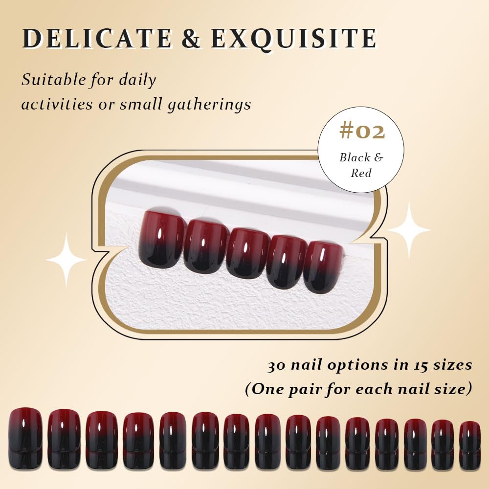 evpct Ombre Black to Red Press on Nails Extra Short, Petite Short Square Glossy Stick on Nails for Women Gift with Manicure Kit, Reusable Soft Gel Stick on Fake Nail with Ombre Designs Perfectly Fit