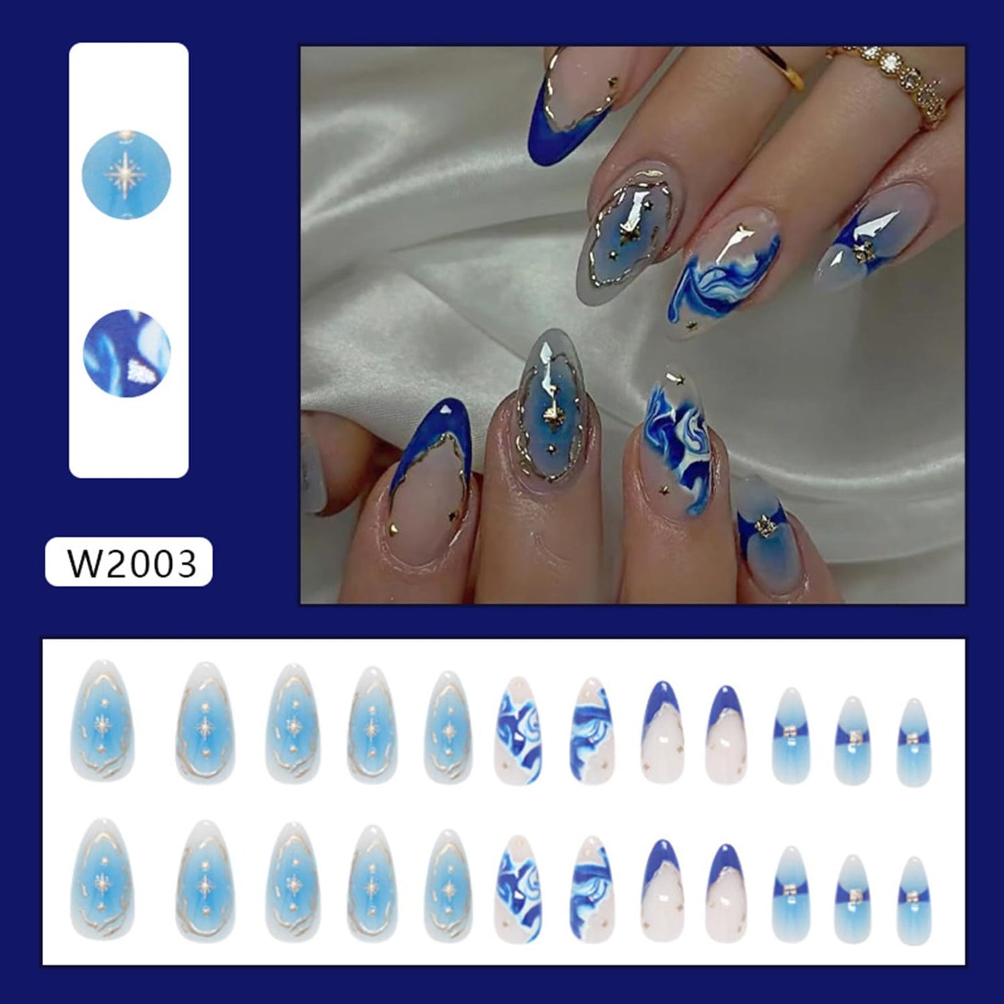 Blue Marble French Tip Press on Nails Long Almond Fake Nails with Design Glossy Gradient Acrylic Glue on Nail Reusable Full Cover Artificial Stick on Nail for Women DIY Manicure
