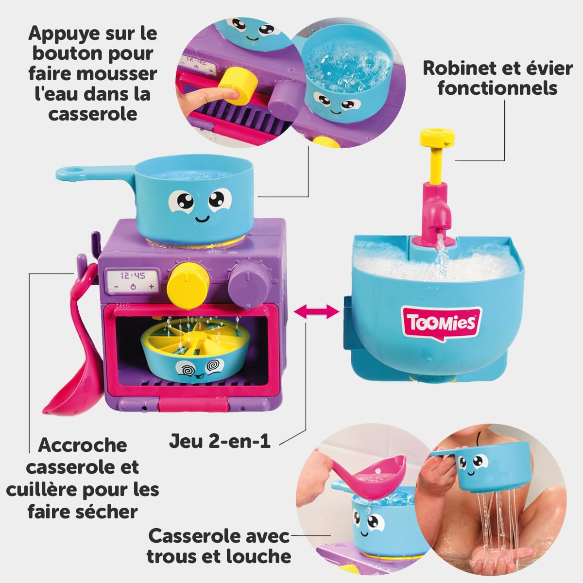 Toomies E73264 Bubble & Bake Bathtime, Bath Toddlers, Kitchen Themed Bubble Making Toy, 2 in 1 Set, Kids Water Play Suitable for 18 M & 2 3 & 4 Year Old Boys & Girls, Multicoloured, 21 X 28 X 15 cm