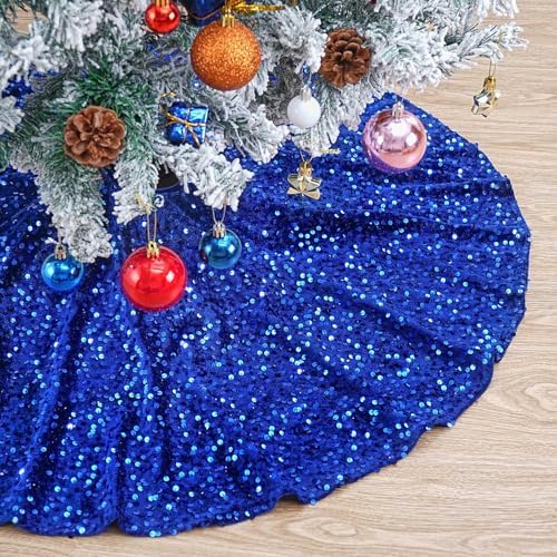 Small Sequin Christmas Tree Skirt: 24 Inches Mini Tree Skirts - Royal Blue Glitter Velvet Tree Skirt for 4ft Tree Decorations