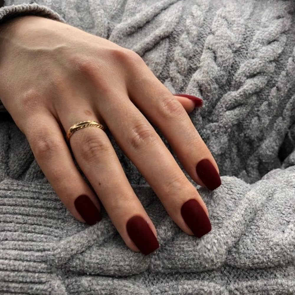 Matte Dark Red Press on Nails - Short Square, Glue on Nails - Soft Gel, Thick Reusable Solid Color Acrylic Nails - 24pcs