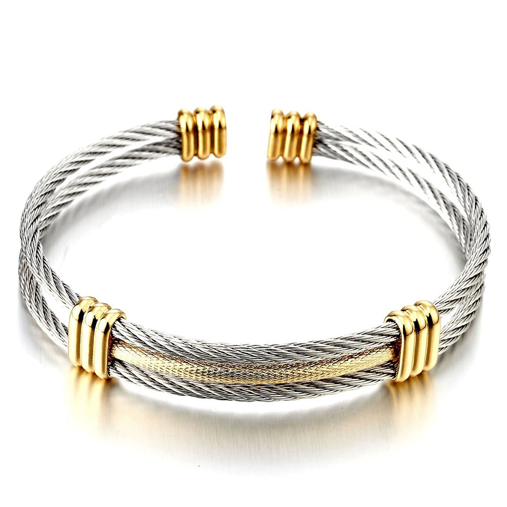 COOLSTEELANDBEYOND Two-Tone Twisted Cable Cuff Bracelet for Men Women, 316L Stainless Steel Silver Gold Bangle, Adjustable 7"–8.7" Wrist, Hypoallergenic, Comes in Gift Box
