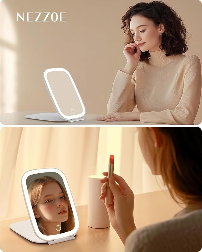 Travel Makeup Mirror, Rechargeable Portable Mirror with Lights, 3 Color Lighting, 7.5 inch Ultra Thin and Lightweight LED Folding Vanity Mirror