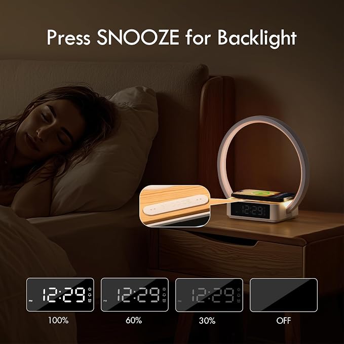 WILIT Bedside Lamp with Alarm Clock, Sunrise Wake-up Light, Wood Grain
