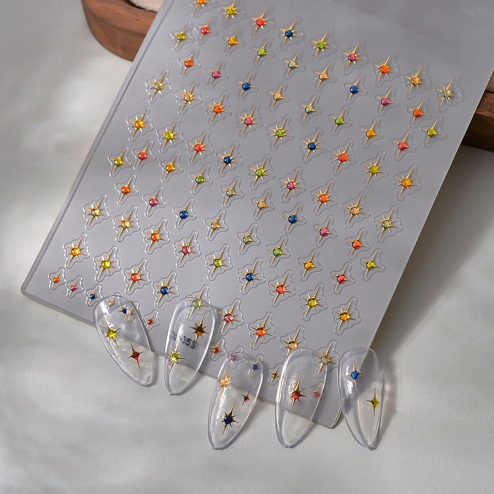 5D Embossed Nail Art Stickers Star Nail Decals Gold Gems Self-Adhesive Nail Stickers for Nails Art 3D Quadrangular Star Design Red Manicure Decorations Nails Supplies for Women