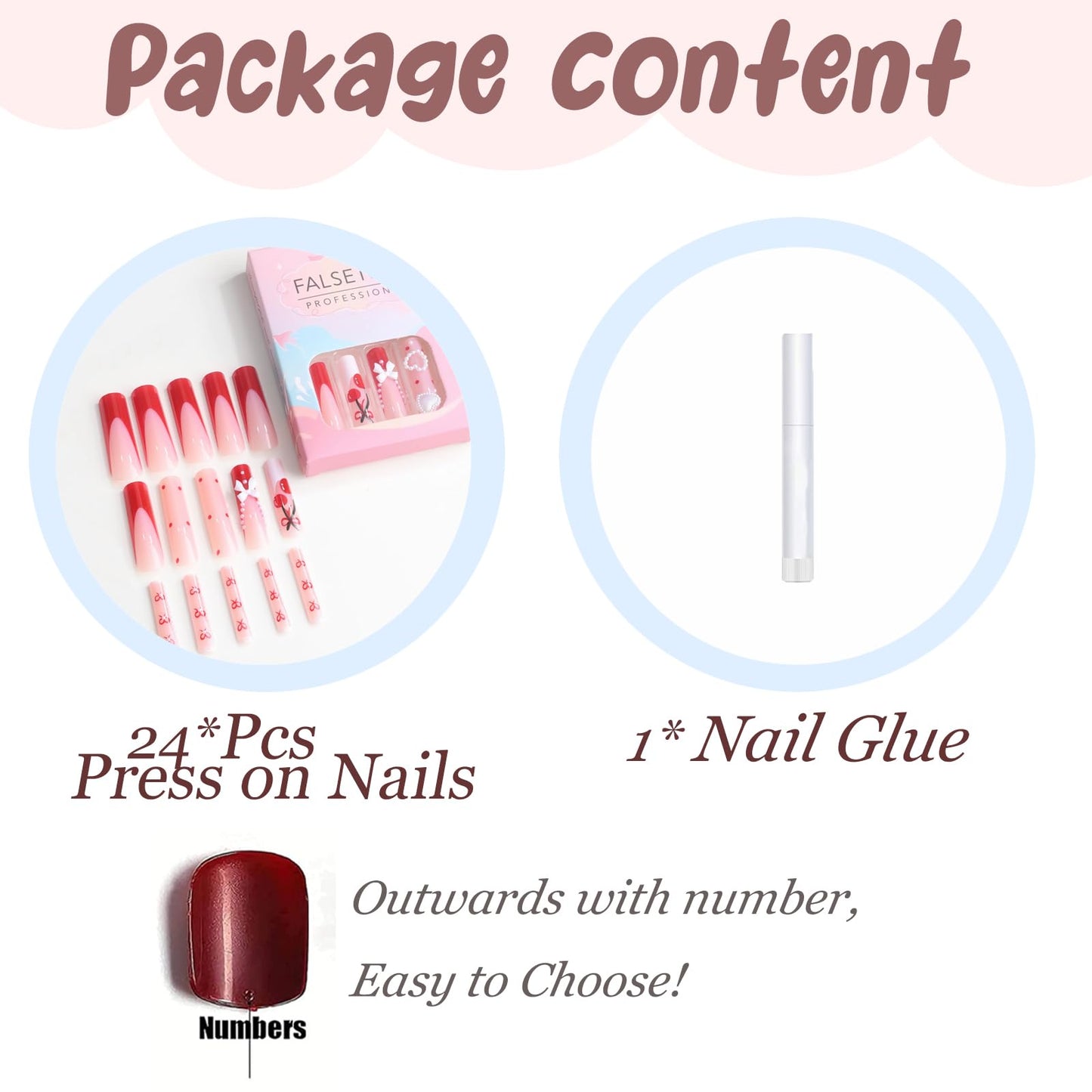 BABALAL Long Square Press on Nails, Red French Tip Heart Bow Charm Cute Cherry Glossy Acrylic Nails Squoval Glue on Nails 24 Pieces