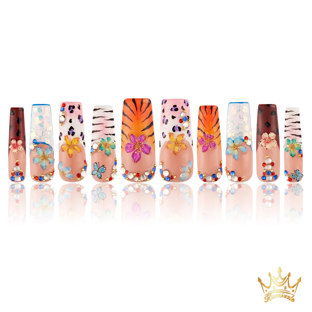 Kismizzle Press On Nails - Nile Fierce | Handmade Acrylic Long Square Nails with Animal Print, 3D Flowers & Rhinestones | Reusable 10PCS Nail Kit, Multicolor (Multicolor, Long)