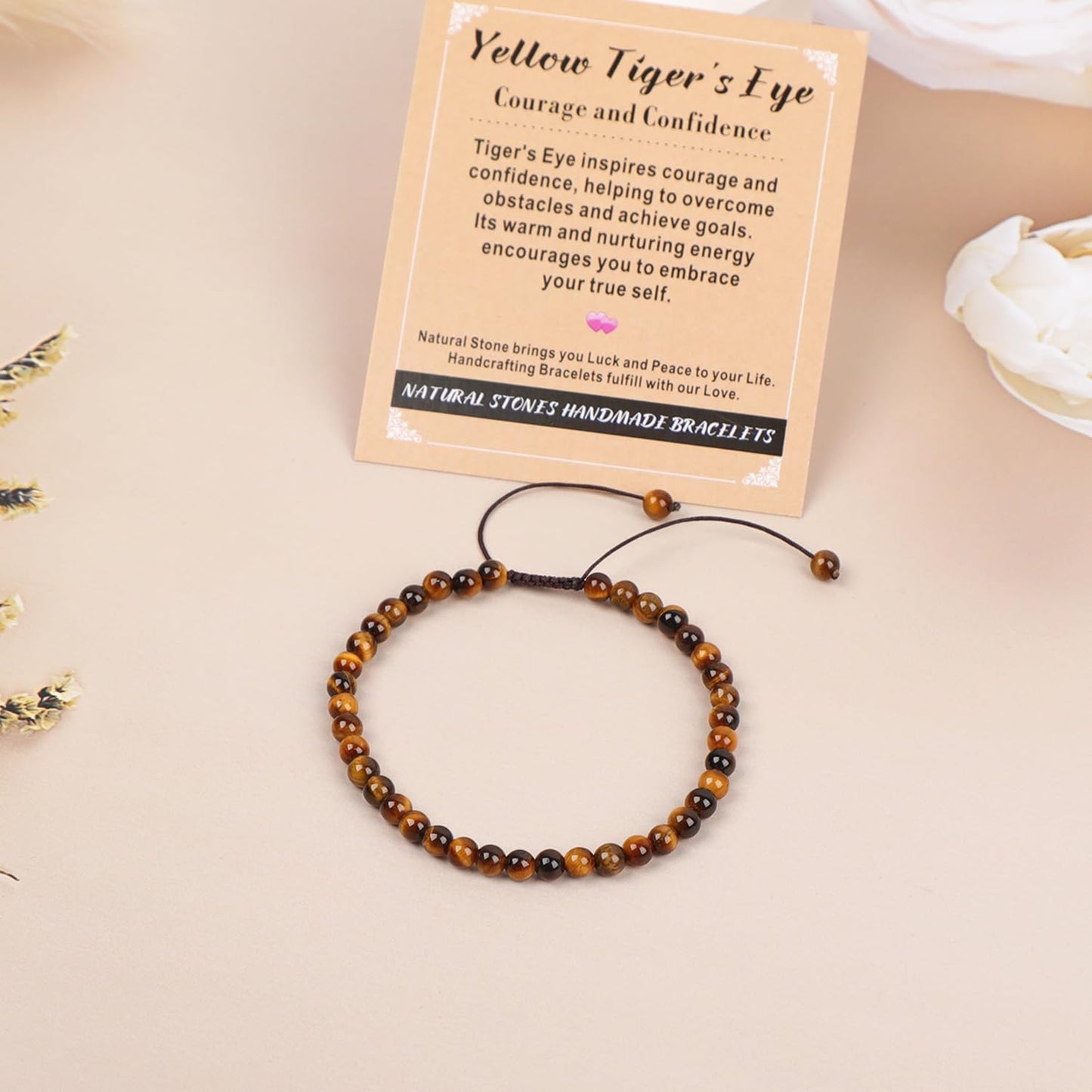 AD Beads 4mm Yellow Tiger's Eye - Courage and Confidence - Handmade Natural Stone Crystal Bracelet with Adjustable Macrame String - Yoga Healing Power Energy Gifts for Men and Women